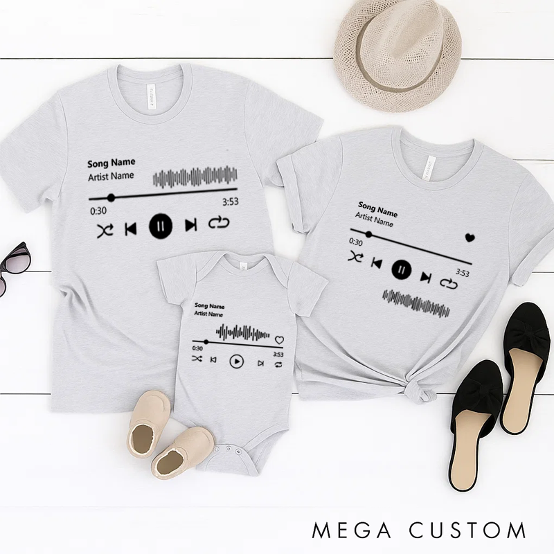 Personalized Music Family Matching T-Shirt Album Cover and Customized Music Player Display and Audio Control and Play Button and Music Player