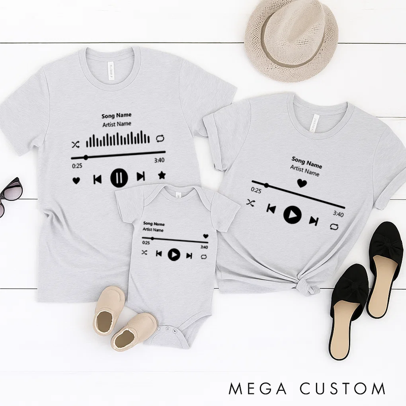 Personalized Music Family Matching T-Shirt Album Cover and Customized Music Player Display and Audio Control and Play Button and Music Player