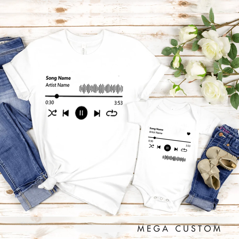 Personalized Music Family Matching T-Shirt Album Cover and Customized Music Player Display and Audio Control and Play Button and Music Player