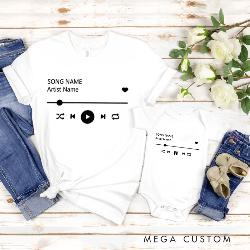 Personalized Music Family Matching T-Shirt Album Cover and Customized Music Player Display and Audio Control and Play Button and Music Player