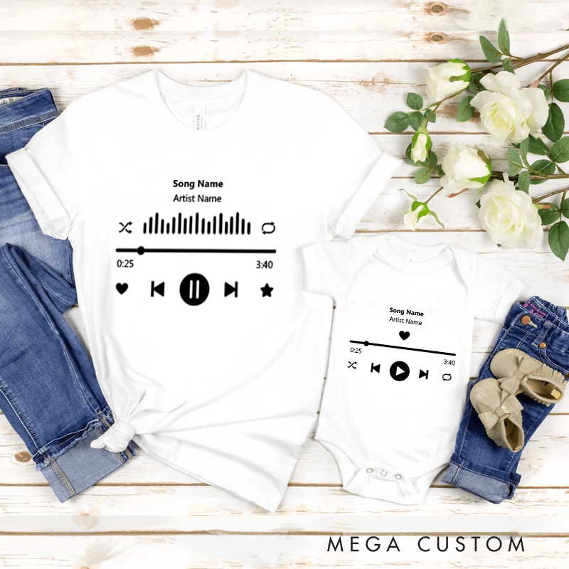 Personalized Music Family Matching T-Shirt Album Cover and Customized Music Player Display and Audio Control and Play Button and Music Player