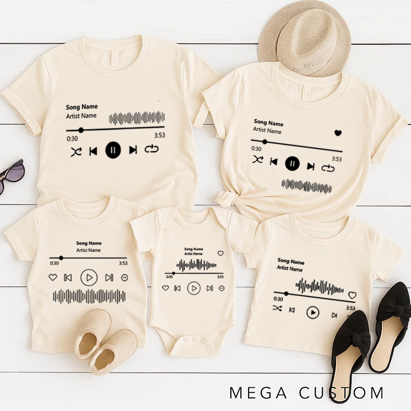 Personalized Music Family Matching T-Shirt Album Cover and Customized Music Player Display and Audio Control and Play Button and Music Player