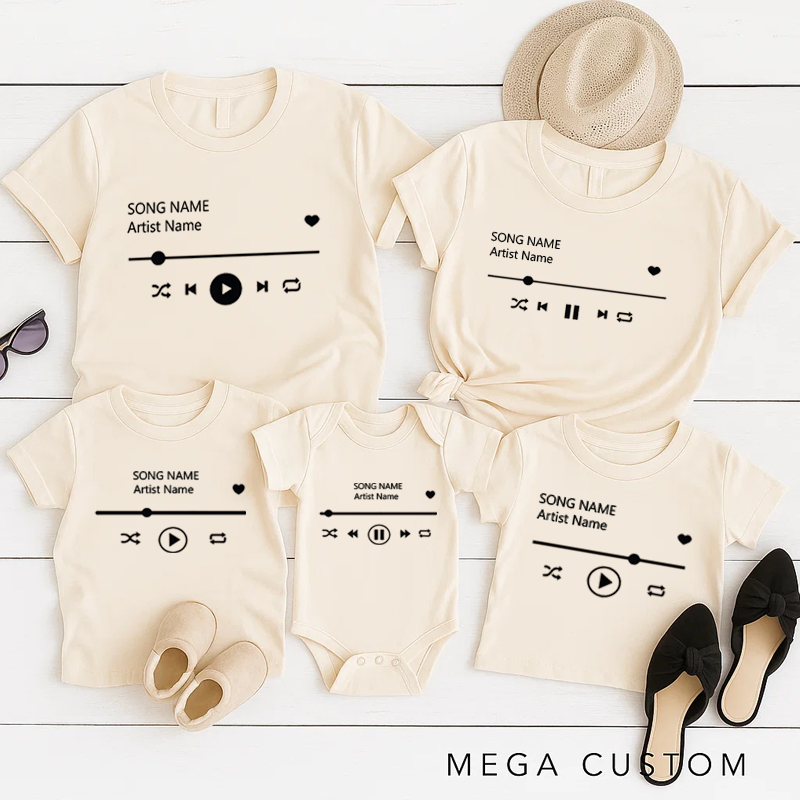 Personalized Music Family Matching T-Shirt Album Cover and Customized Music Player Display and Audio Control and Play Button and Music Player