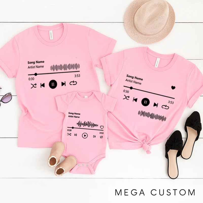 Personalized Music Family Matching T-Shirt Album Cover and Customized Music Player Display and Audio Control and Play Button and Music Player