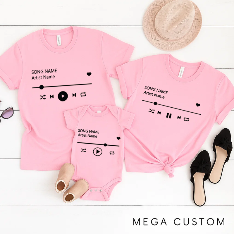 Personalized Music Family Matching T-Shirt Album Cover and Customized Music Player Display and Audio Control and Play Button and Music Player