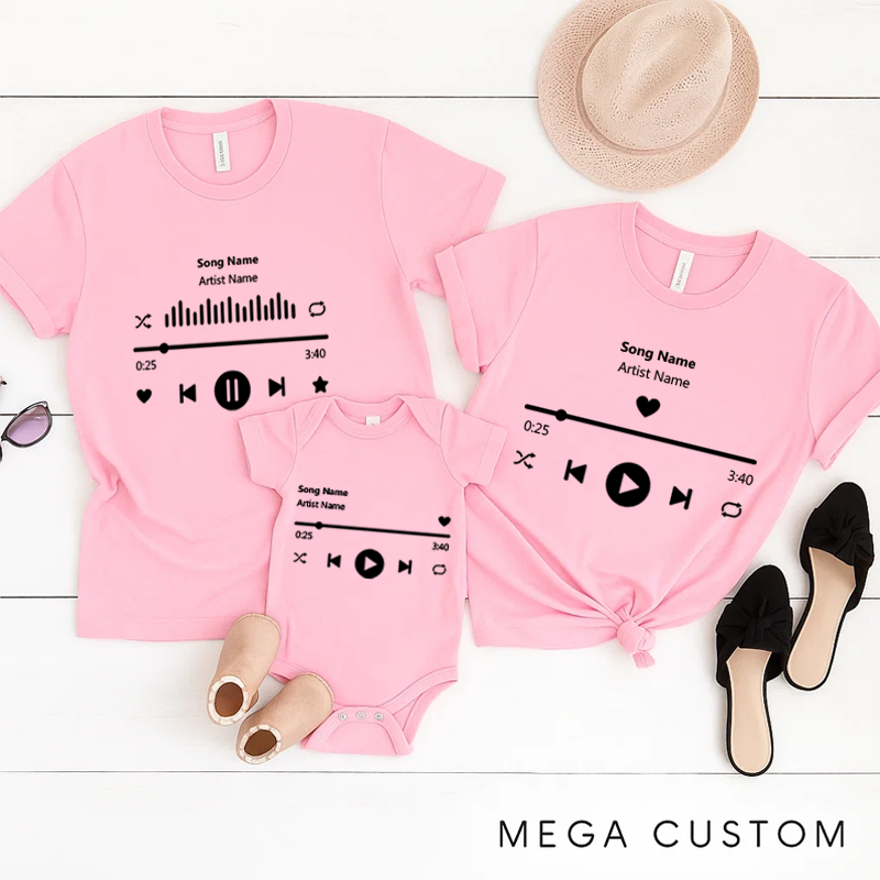 Personalized Music Family Matching T-Shirt Album Cover and Customized Music Player Display and Audio Control and Play Button and Music Player