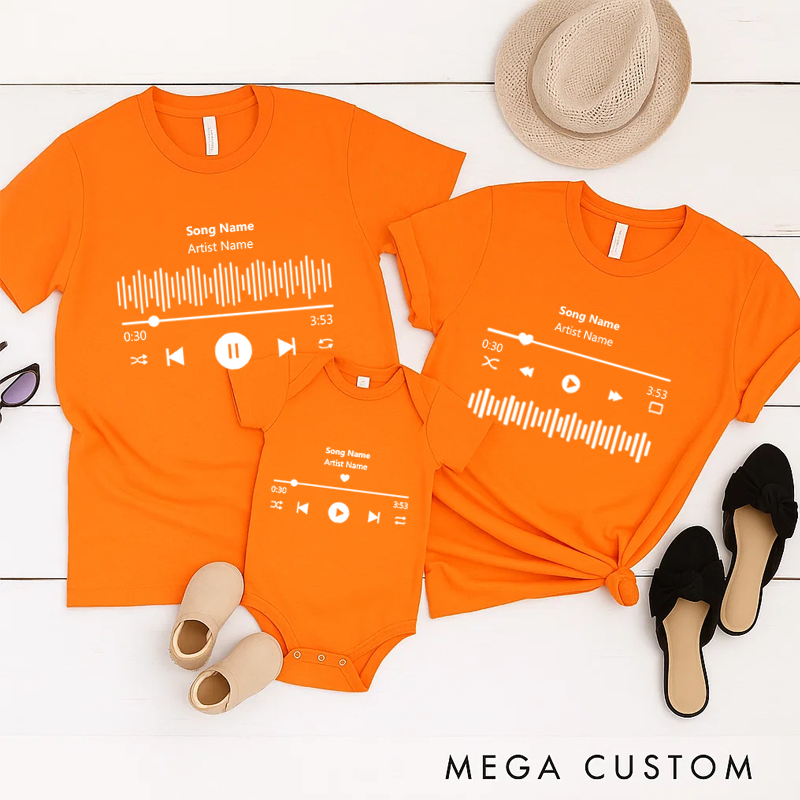 Personalized Music Family Matching T-Shirt Album Cover and Customized Music Player Display and Audio Control and Play Button and Music Player