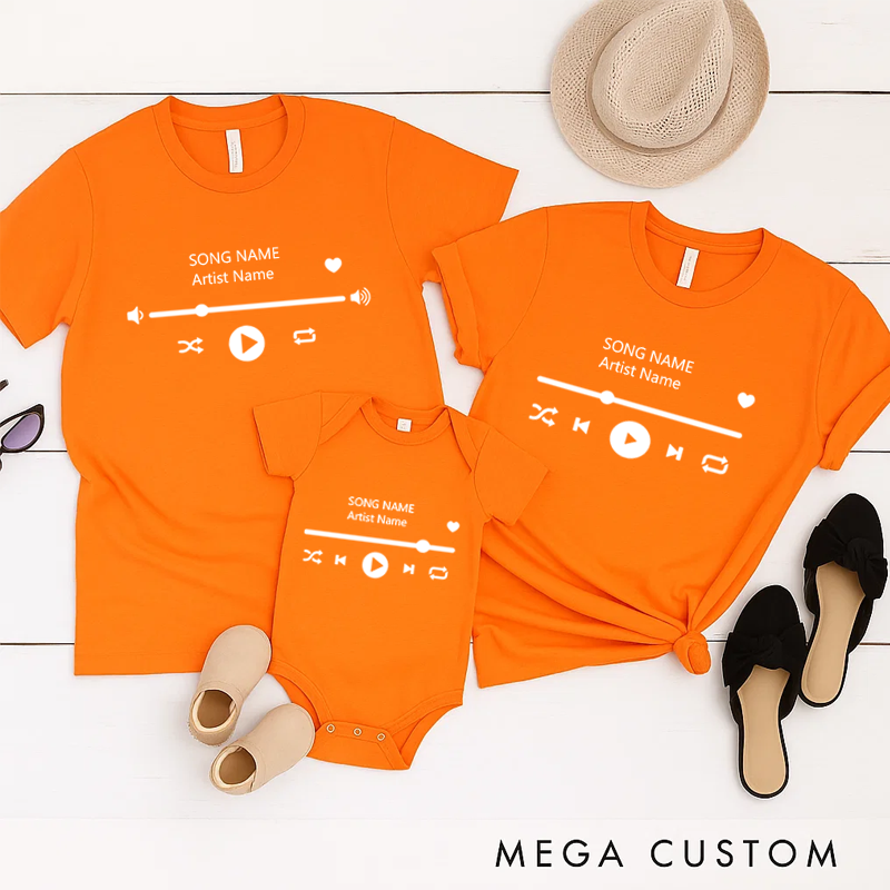 Personalized Music Family Matching T-Shirt Album Cover and Customized Music Player Display and Audio Control and Play Button and Music Player