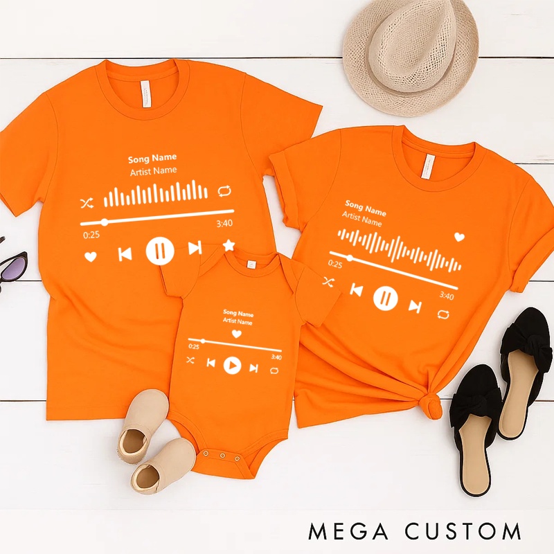 Personalized Music Family Matching T-Shirt Album Cover and Customized Music Player Display and Audio Control and Play Button and Music Player