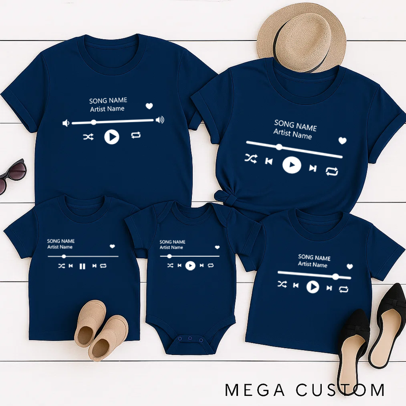 Personalized Music Family Matching T-Shirt Album Cover and Customized Music Player Display and Audio Control and Play Button and Music Player