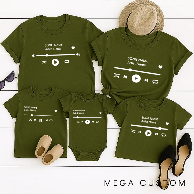 Personalized Music Family Matching T-Shirt Album Cover and Customized Music Player Display and Audio Control and Play Button and Music Player