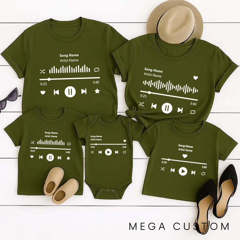 Personalized Music Family Matching T-Shirt Album Cover and Customized Music Player Display and Audio Control and Play Button and Music Player
