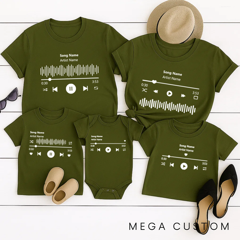 Personalized Music Family Matching T-Shirt Album Cover and Customized Music Player Display and Audio Control and Play Button and Music Player
