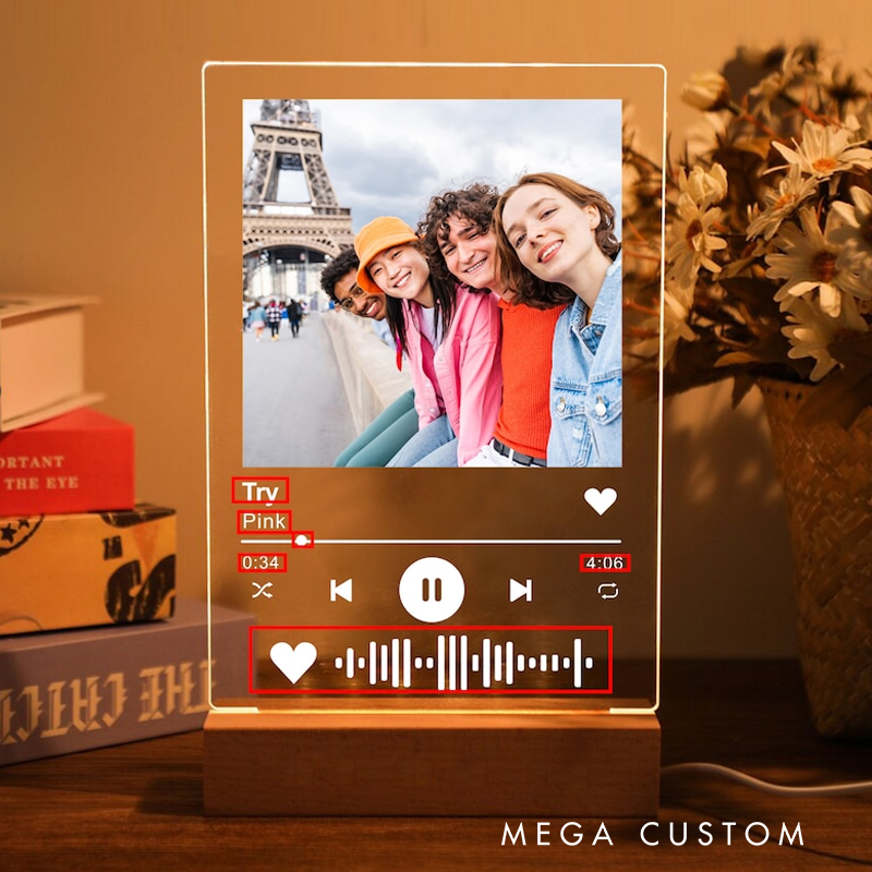 Personalized Music Song Plaque with Flashing Wood Base Customized Acrylic Plaque with Any Photo and Song Any Playlist Music Gift
