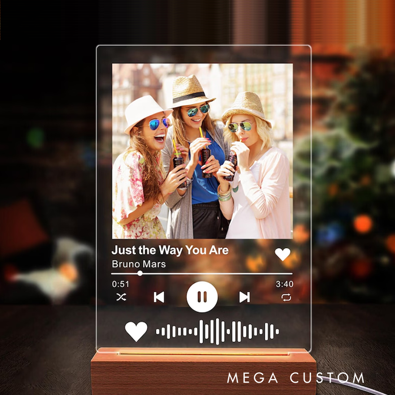 Personalized Music Song Plaque with Flashing Wood Base Customized Acrylic Plaque with Any Photo and Song Any Playlist Music Gift