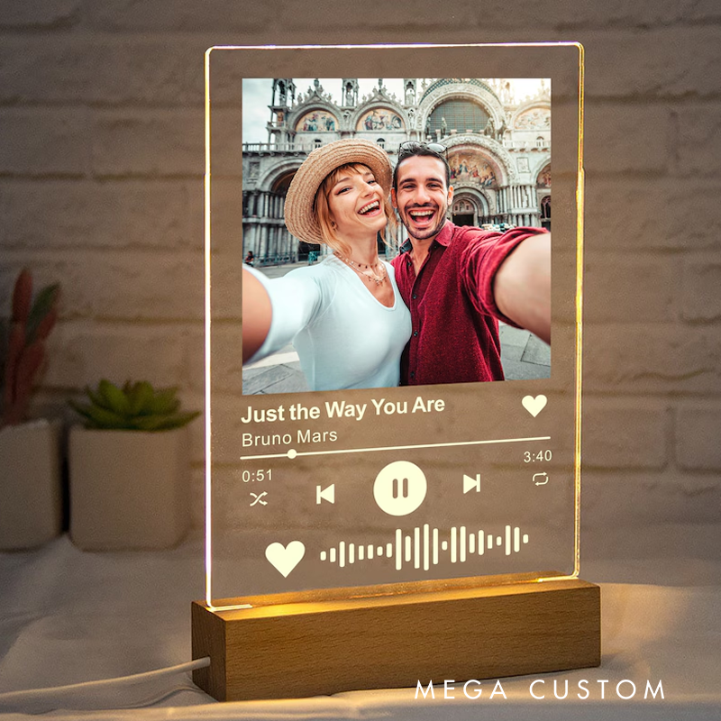 Personalized Music Song Plaque with Flashing Wood Base Customized Acrylic Plaque with Any Photo and Song Any Playlist Music Gift