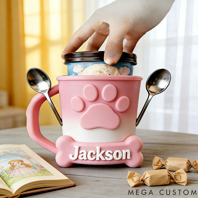 Personalized Paw Ice Cream Pint Holder 3D Printed with Spoon Slots & Snack Drawer for Pet Lover