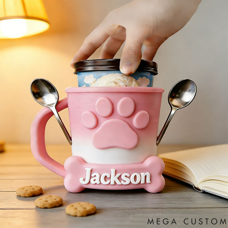 Personalized Paw Ice Cream Pint Holder 3D Printed with Spoon Slots & Snack Drawer for Pet Lover