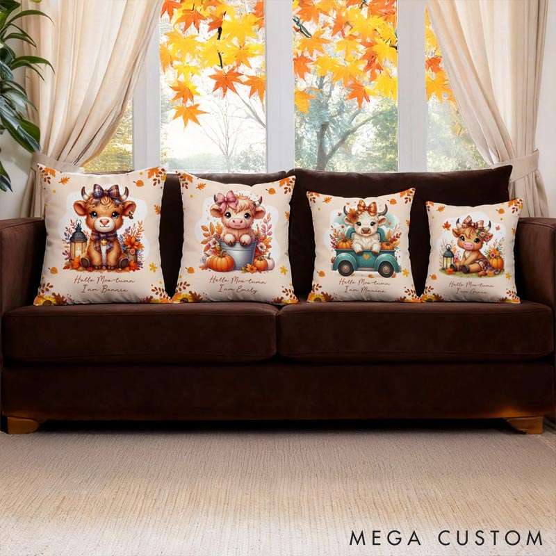 Personalized Pet Lover Autumn Highland Cow Pumpkin Soft Throw Pillow Cover with Name Home Decor