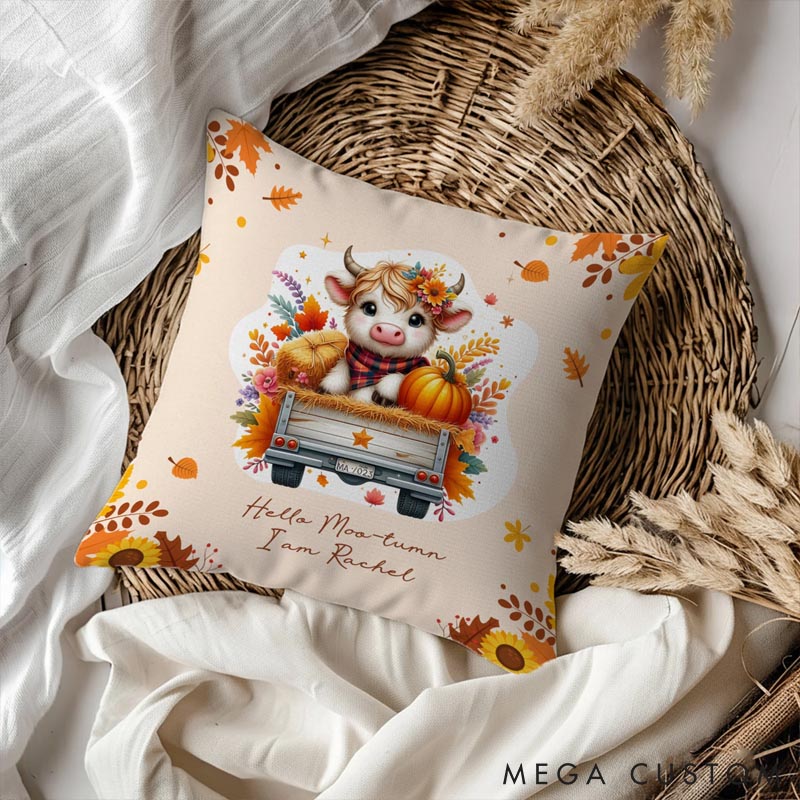 Personalized Pet Lover Autumn Highland Cow Pumpkin Soft Throw Pillow Cover with Name Home Decor