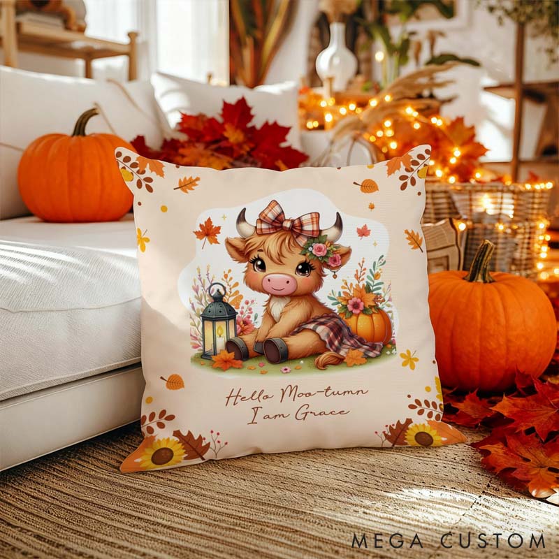 Personalized Pet Lover Autumn Highland Cow Pumpkin Soft Throw Pillow Cover with Name Home Decor