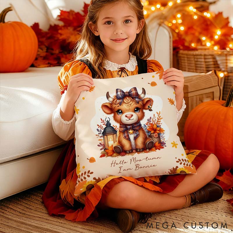 Personalized Pet Lover Autumn Highland Cow Pumpkin Soft Throw Pillow Cover with Name Home Decor