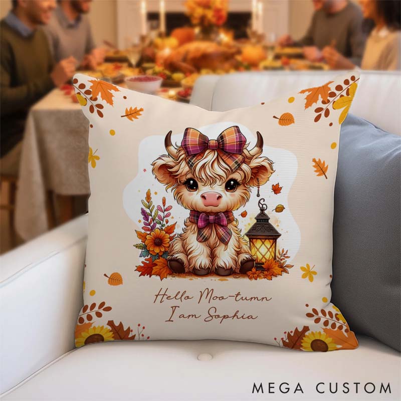 Personalized Pet Lover Autumn Highland Cow Pumpkin Soft Throw Pillow Cover with Name Home Decor