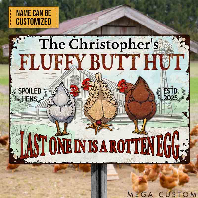 Personalized Pet Lover Chicken Fluffy Butt Hut Nuggets Metal Sign