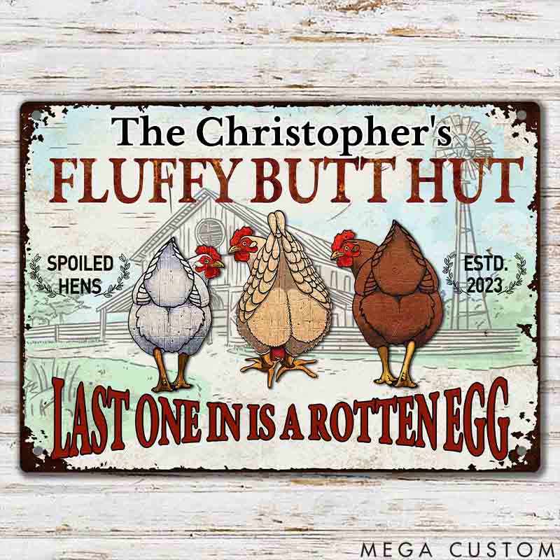 Personalized Pet Lover Chicken Fluffy Butt Hut Nuggets Metal Sign