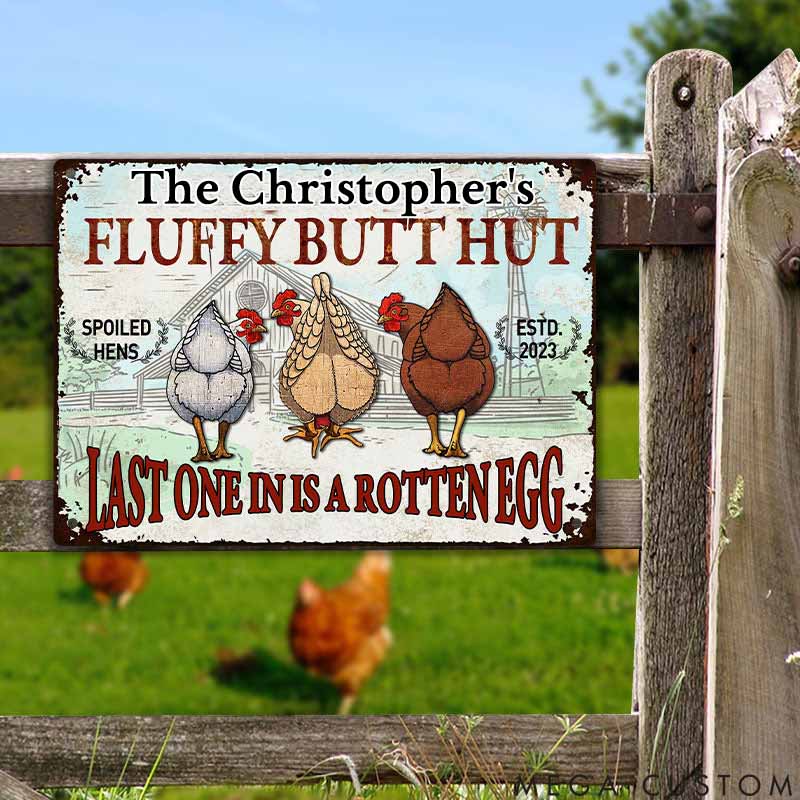 Personalized Pet Lover Chicken Fluffy Butt Hut Nuggets Metal Sign