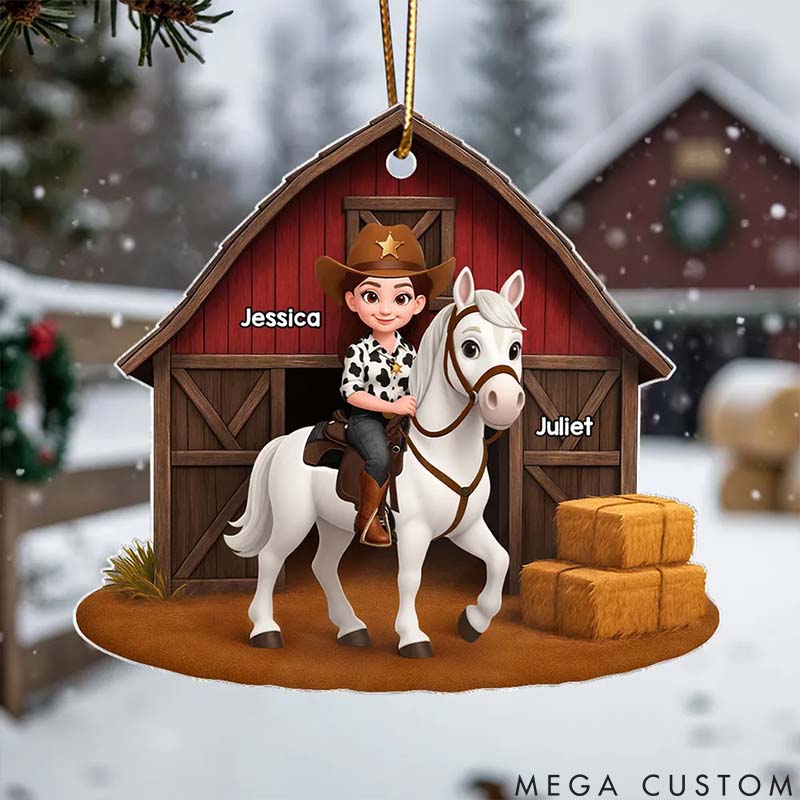 Personalized Pet Lover Country Girl and Horse Red Barn 3D Effect Christmas Ornament