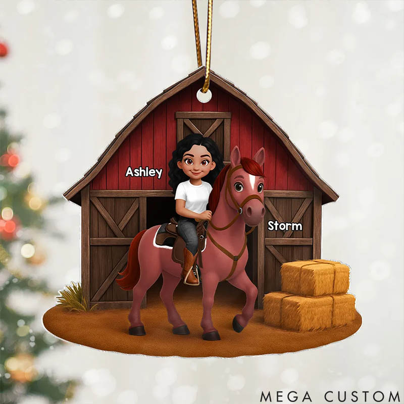 Personalized Pet Lover Country Girl and Horse Red Barn 3D Effect Christmas Ornament