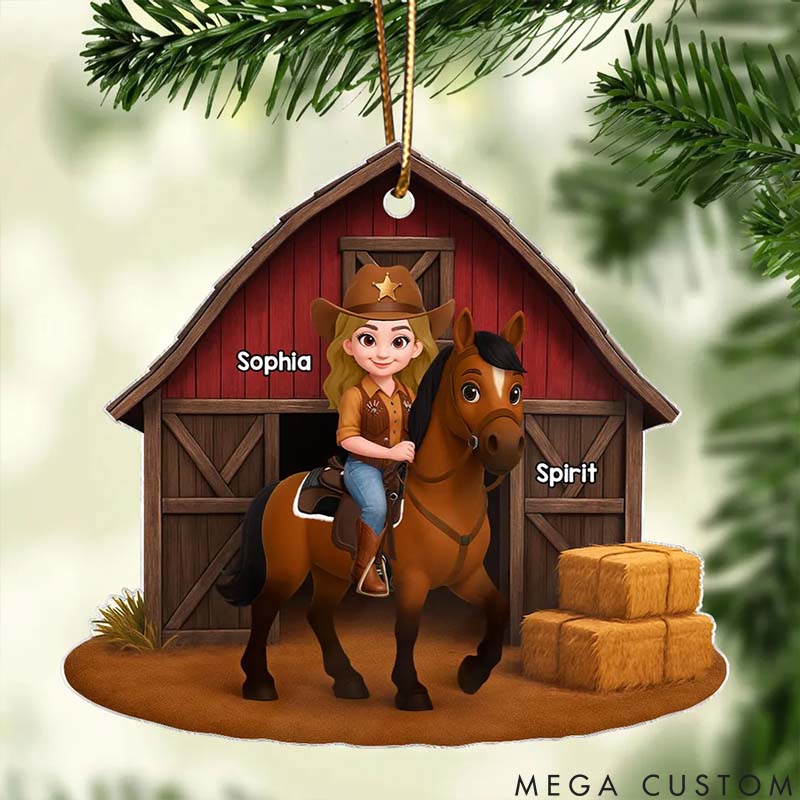 Personalized Pet Lover Country Girl and Horse Red Barn 3D Effect Christmas Ornament