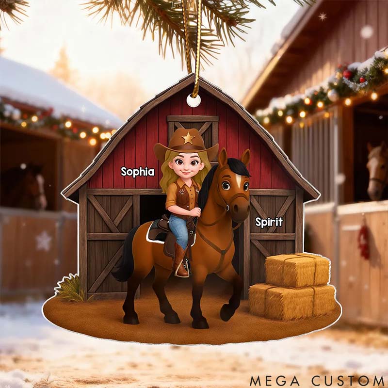Personalized Pet Lover Country Girl and Horse Red Barn 3D Effect Christmas Ornament