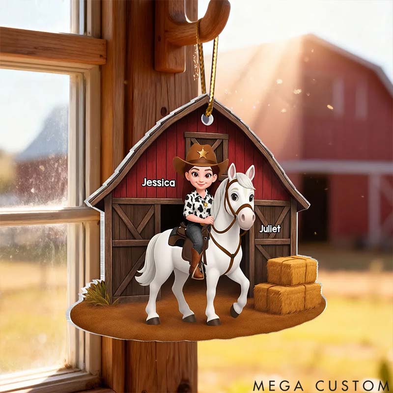 Personalized Pet Lover Country Girl and Horse Red Barn 3D Effect Christmas Ornament