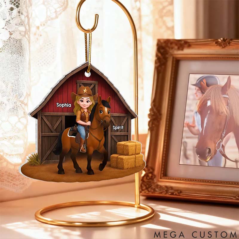 Personalized Pet Lover Country Girl and Horse Red Barn 3D Effect Christmas Ornament