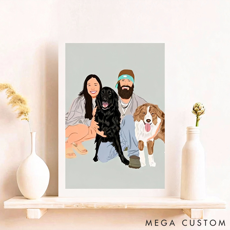 Personalized Pet Lover Couple Cartoon Portrait Personalized Gift from Photo