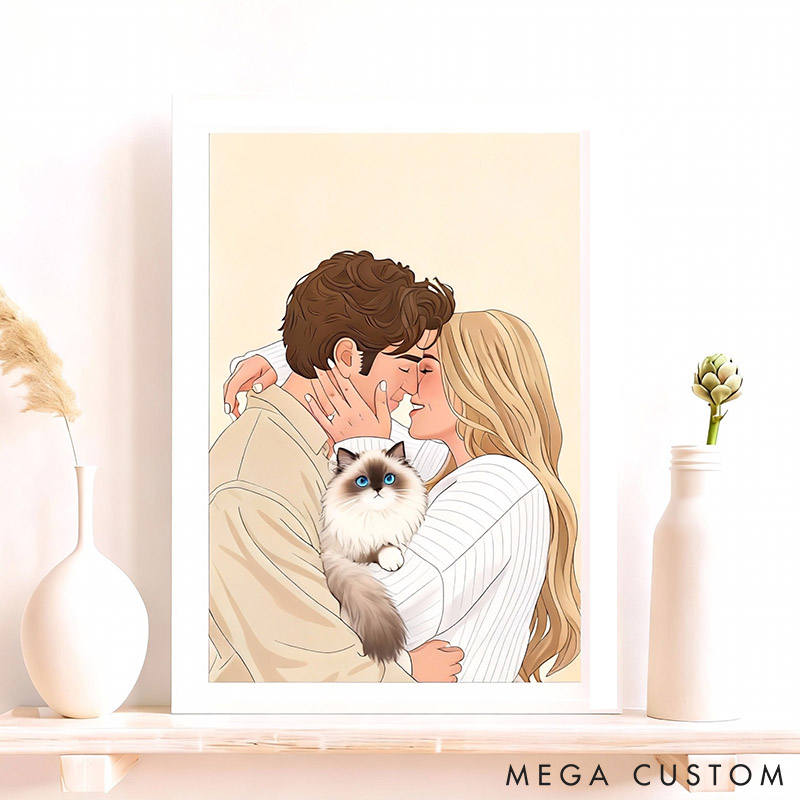 Personalized Pet Lover Couple Cartoon Portrait Personalized Gift from Photo