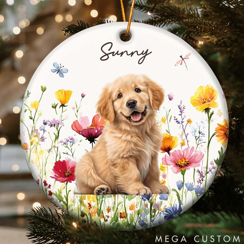 Personalized Pet Lover Custom Photo Dog Cat Watercolor Wildflowers Ornament