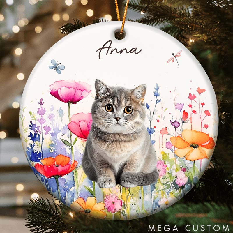 Personalized Pet Lover Custom Photo Dog Cat Watercolor Wildflowers Ornament