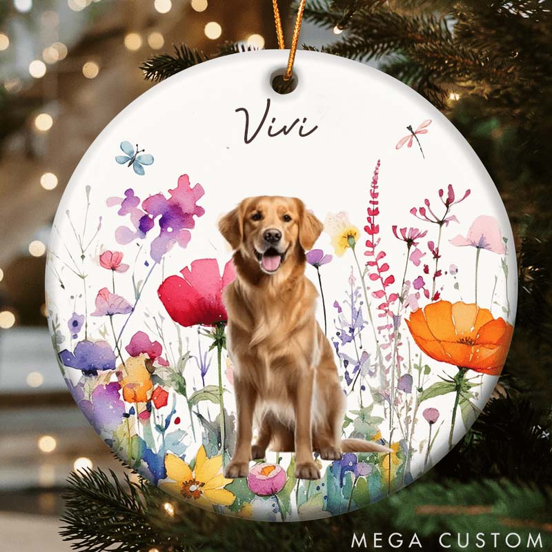 Personalized Pet Lover Custom Photo Dog Cat Watercolor Wildflowers Ornament