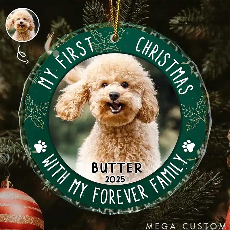 Personalized Pet Lover Custom Photo First Christmas Circle Glass Christmas Ornament