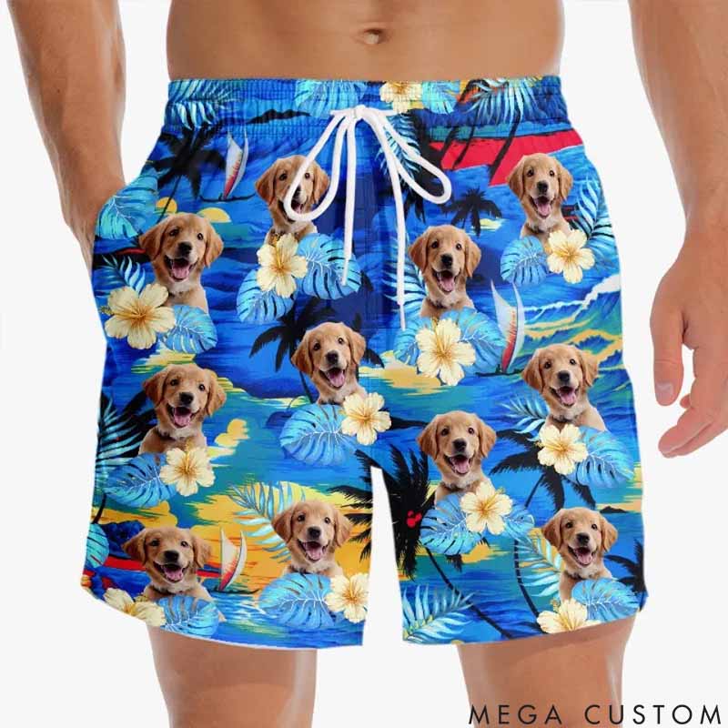 Personalized Pet Lover Custom Photo Tropical Hawaiian Aloha Men Beach Shorts