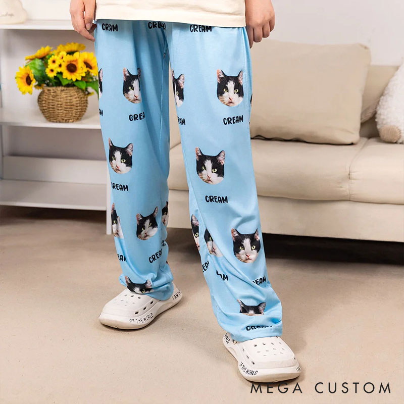 Personalized Pet Lover Dog Cat Face Photo Multicolor Plaid Name Pajama Pants