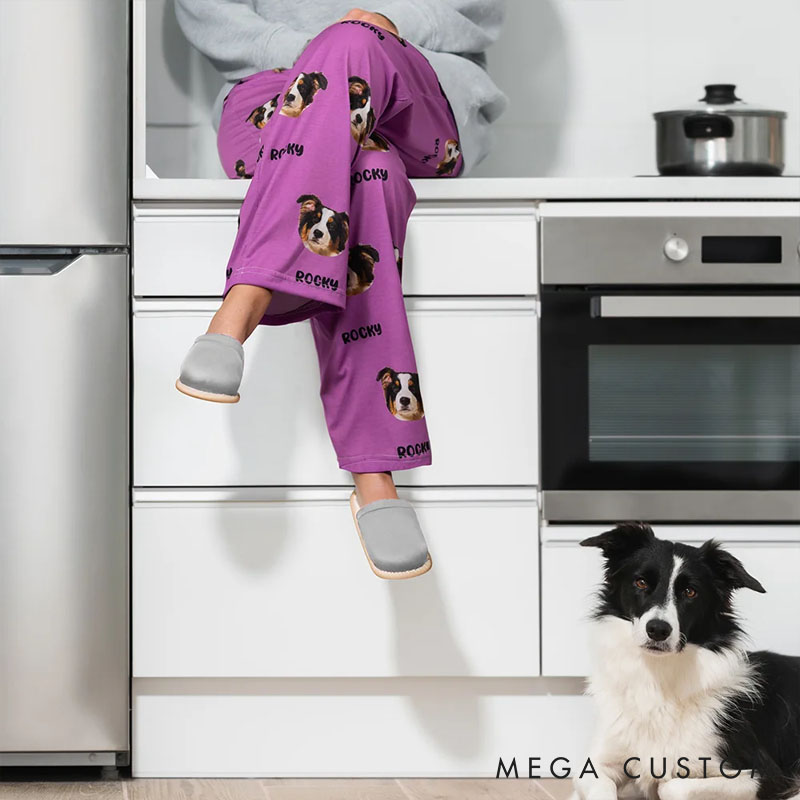 Personalized Pet Lover Dog Cat Face Photo Multicolor Plaid Name Pajama Pants
