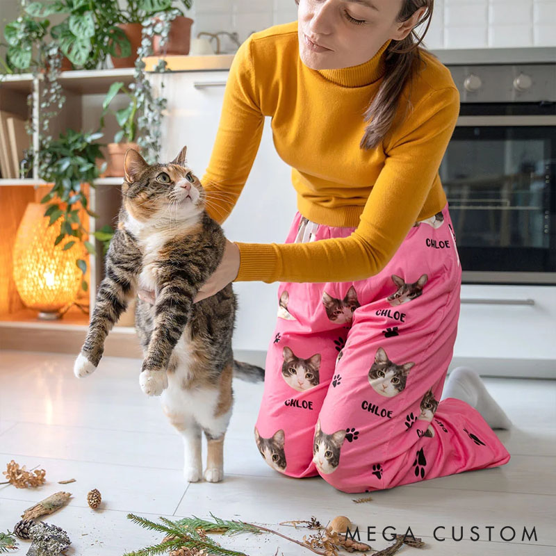 Personalized Pet Lover Dog Cat Face Photo Multicolor Plaid Name Pajama Pants