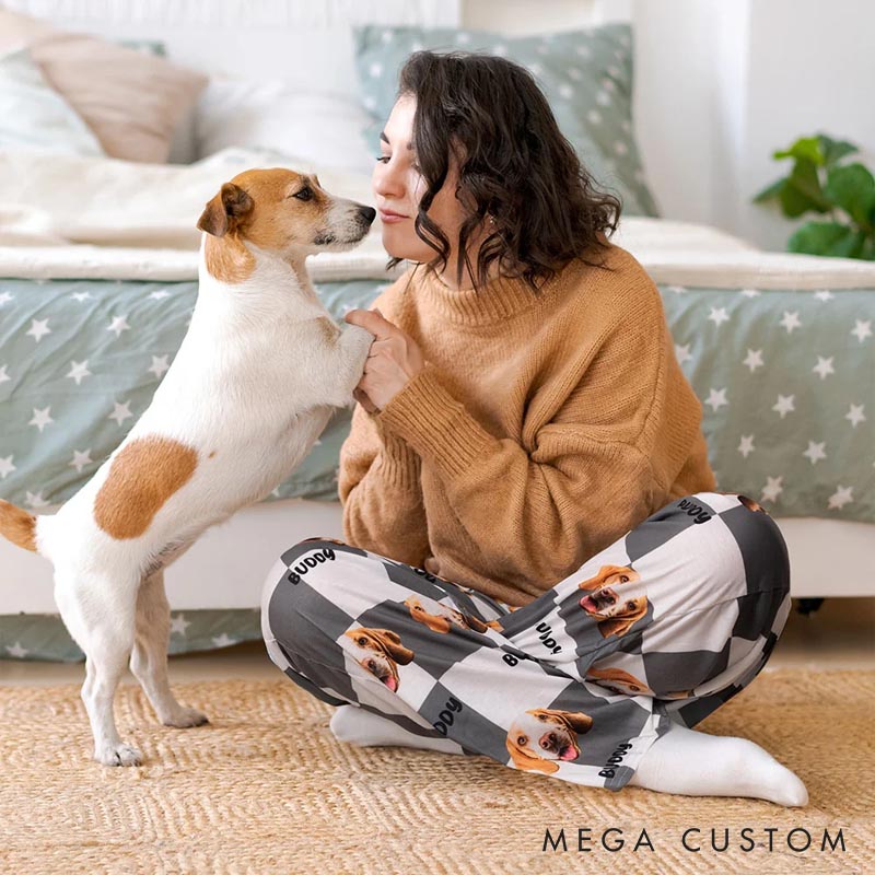 Personalized Pet Lover Dog Cat Face Photo Multicolor Plaid Name Pajama Pants