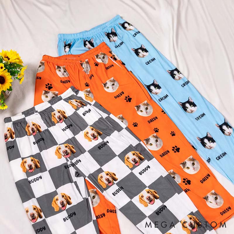Personalized Pet Lover Dog Cat Face Photo Multicolor Plaid Name Pajama Pants
