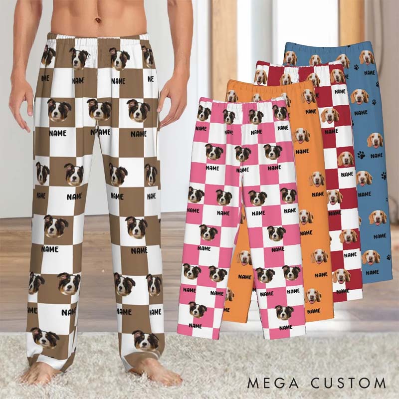 Personalized Pet Lover Dog Cat Face Photo Multicolor Plaid Name Pajama Pants