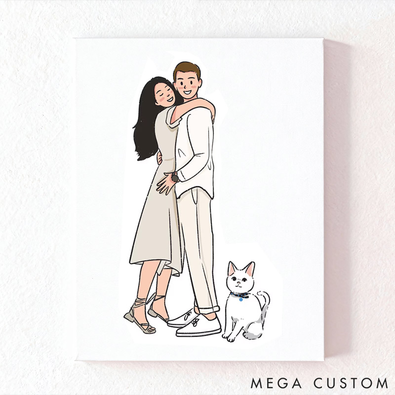 Personalized Pet Lover Hand Drawn Couple Portrait